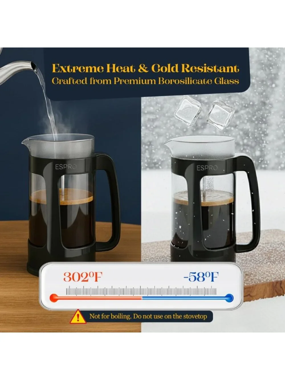 32oz French Press Coffee Maker - Grit-Free, Heat-Resistant Glass, Double Filter